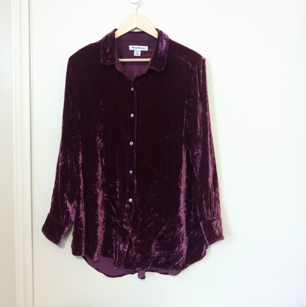 Tommy Bahama Crushed Velvet Silk Blend Purple Button Up Long Sleeve Blouse - Picture 2 of 13